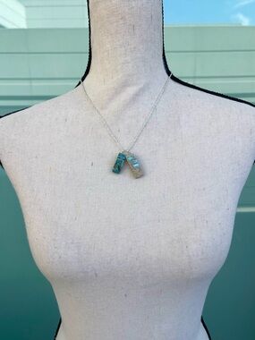 Handmade Double Bar Blue Painted Stone Necklace Silver Tone Chain